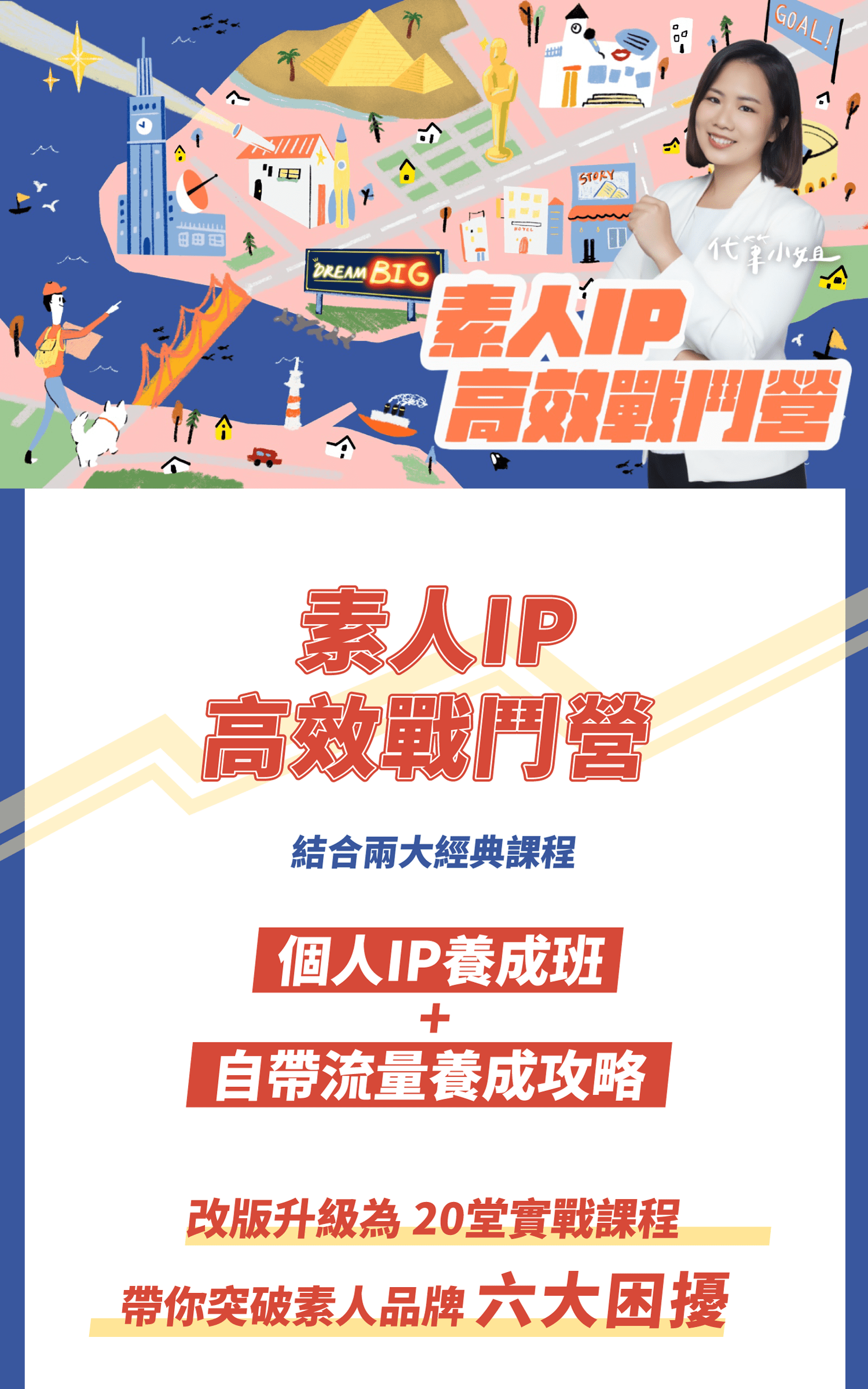 素人IP高效戰鬥營－代筆小姐個人IP課程 不管你是想要經營個人品牌、知識變現、成為作家， 你都必須先打造你的個人IP。 趕快加入台灣個人IP課程第一品牌，一起來打造你的專屬個人IP，創造你的優勢， 在你的主場發揮你的獨特影響力吧！